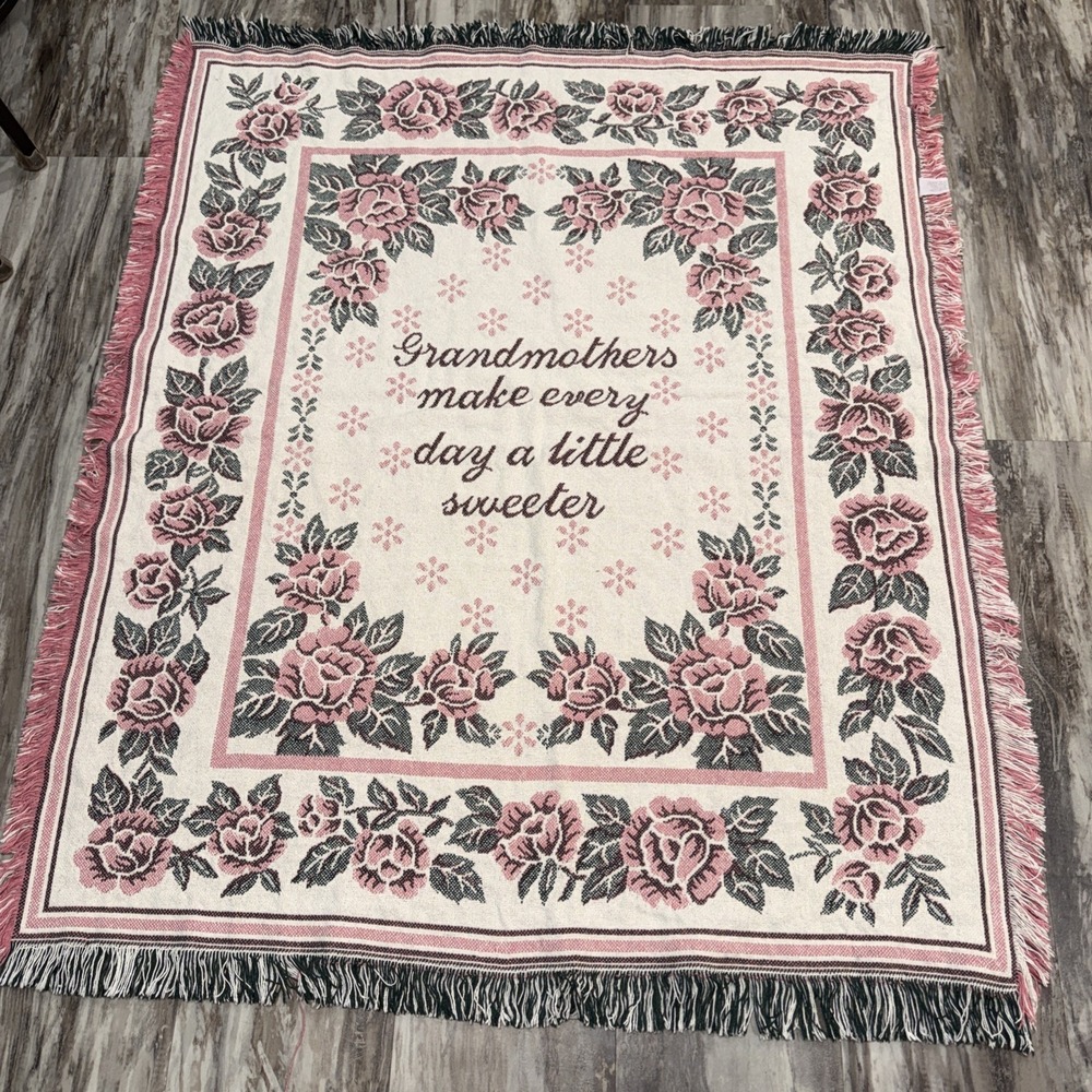 Vintage Grandma Sweeter Woven Afghan Throw Blanket 50x42 Country Roses Pink